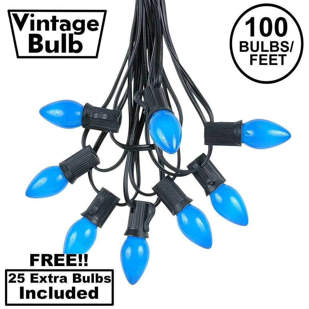 100 C7 String Light Set With Blue Ceramic Bulbs On Black Wire 1 100 C7 String Light Set With Blue Ceramic Bulbs On Black Wire