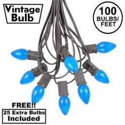 100 C7 String Light Set With Blue Ceramic Bulbs On Brown Wire