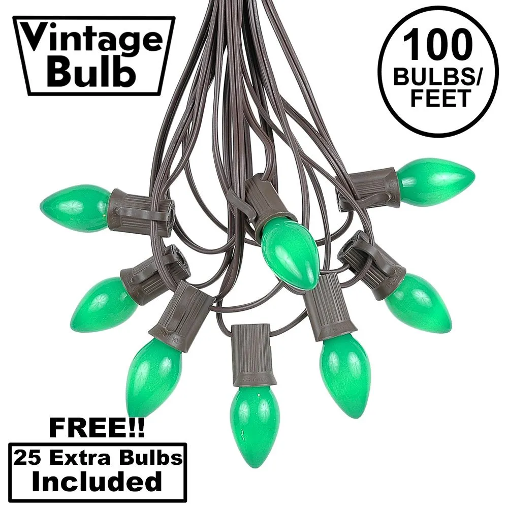 100 C7 String Light Set With Green Ceramic Bulbs On Brown Wire 1 100 C7 String Light Set With Green Ceramic Bulbs On Brown Wire