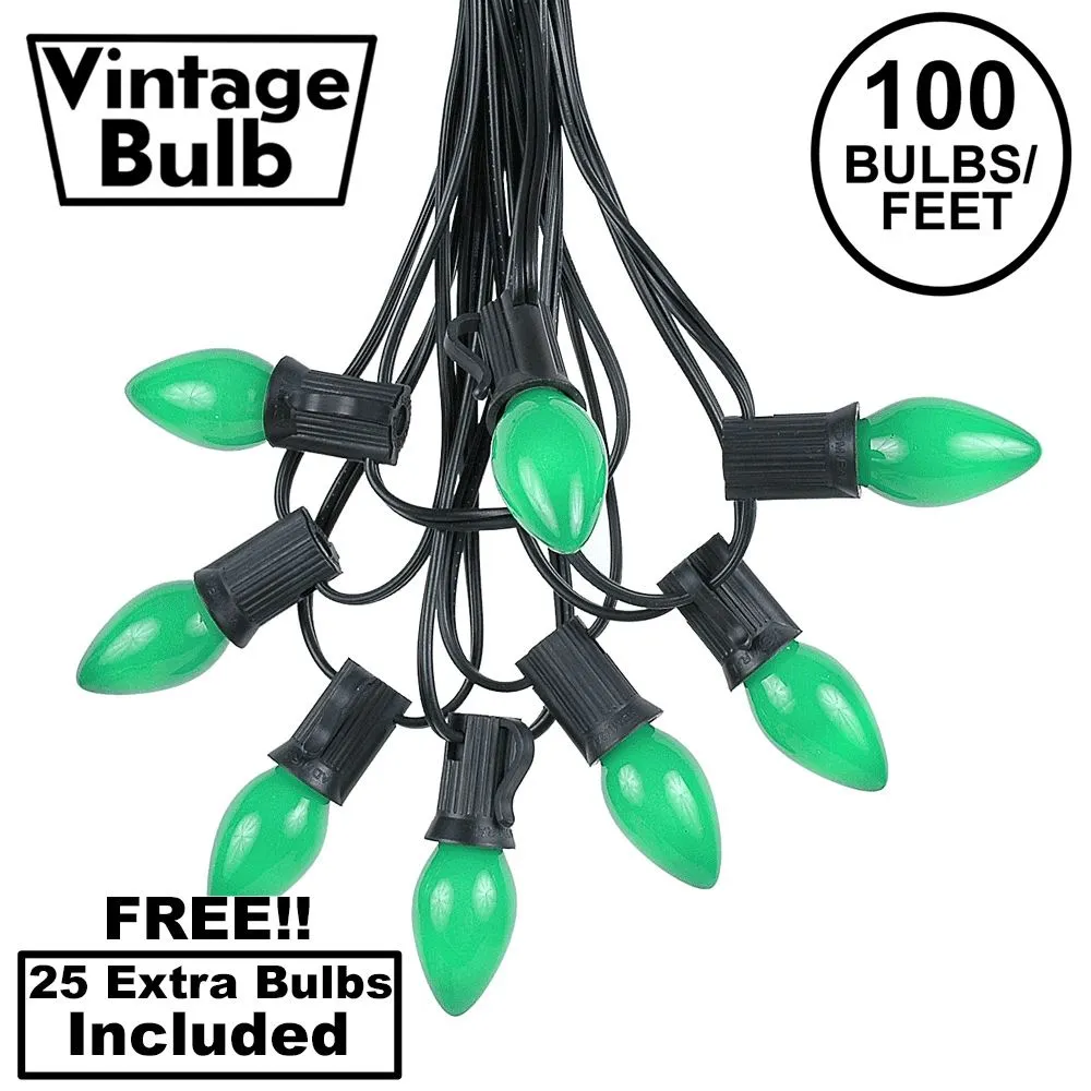 100 C7 String Light Set With Green Ceramic Bulbs On Black Wire 1 100 C7 String Light Set With Green Ceramic Bulbs On Black Wire