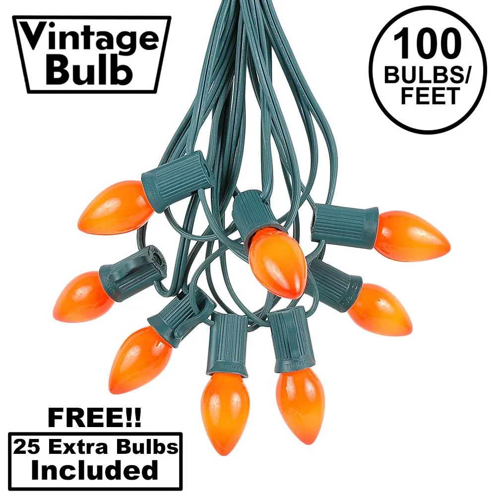 100 C7 String Light Set With Orange Ceramic Bulbs On Green Wire 1 100 C7 String Light Set With Orange Ceramic Bulbs On Green Wire
