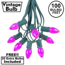 100 C7 String Light Set With Purple Ceramic Bulbs On Green Wire