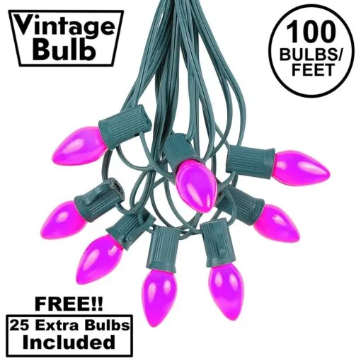 100 C7 String Light Set With Purple Ceramic Bulbs On Green Wire -Holiday Lights Sales 0021593 100 c7 string light set with purple ceramic bulbs on green wire