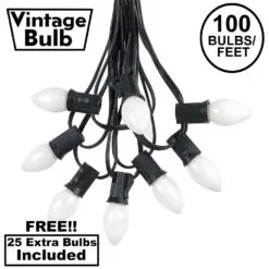 100 C7 String Light Set With White Ceramic Bulbs On Black Wire