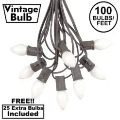 100 C7 String Light Set With White Ceramic Bulbs On Brown Wire