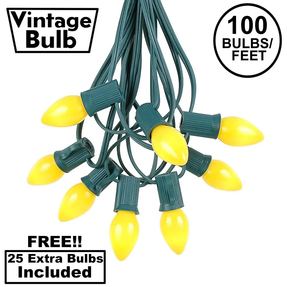 100 C7 String Light Set With Yellow Ceramic Bulbs On Green Wire 1 100 C7 String Light Set With Yellow Ceramic Bulbs On Green Wire