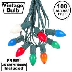 100 C7 String Light Set With Multi Colored Ceramic Bulbs On Green Wire