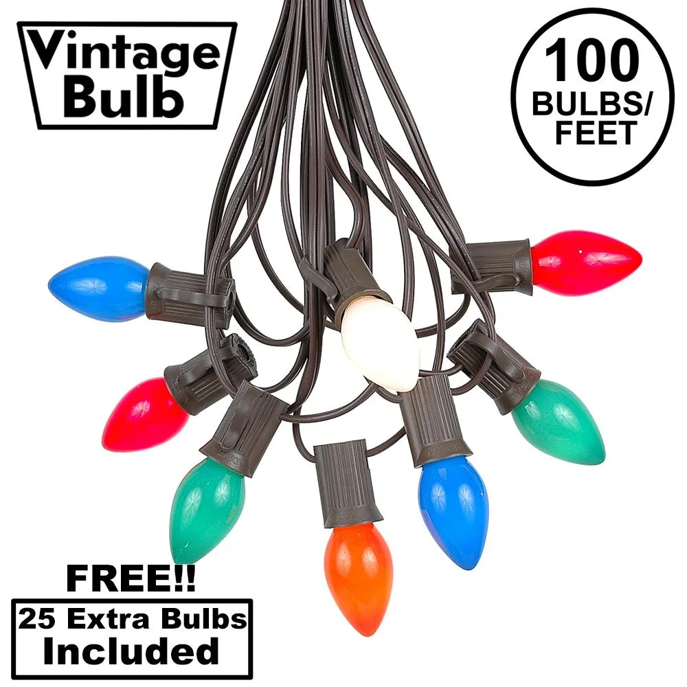 100 C7 String Light Set With Multi Colored Ceramic Bulbs On Brown Wire 1 100 C7 String Light Set With Multi Colored Ceramic Bulbs On Brown Wire