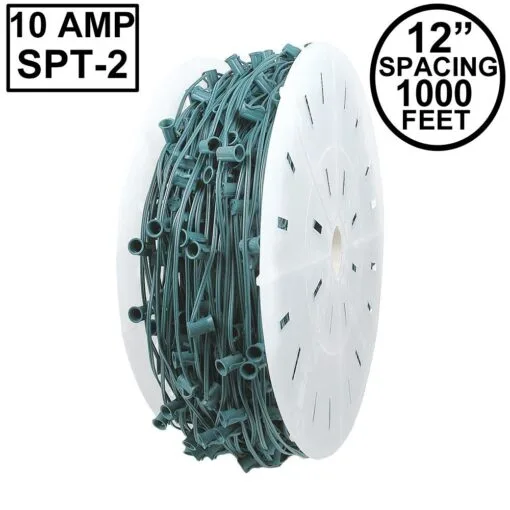 Premium Commercial Grade 10 Amp C7 1000' Spool 12" Spacing Green Wire -Holiday Lights Sales 0022372 premium commercial grade 10 amp c7 1000 spool 12 spacing green wire