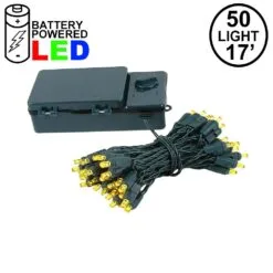 50 LED Battery Operated Lights Yellow On Green Wire