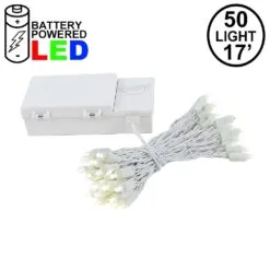 50 LED Battery Operated Lights Warm White On White Wire