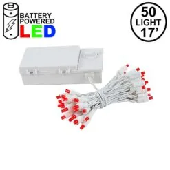 50 LED Battery Operated Lights Red On White Wire