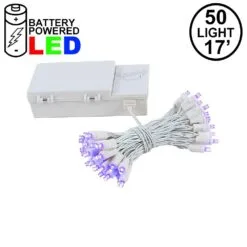 50 LED Battery Operated Lights Purple On White Wire