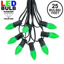 25 Light String Set With Green LED C7 Bulbs On Black Wire