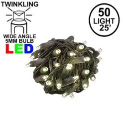 Twinkle LED Christmas Lights 50 LED Warm White 25' Brown Wire