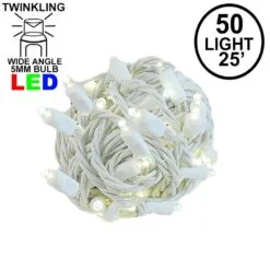 Twinkle LED Christmas Lights 50 LED Warm White 25' Long White Wire