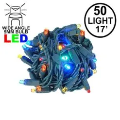 Commercial Grade Wide Angle 50 LED Multi Color 17' Long On Green Wire