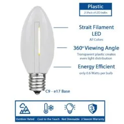 Warm White C9 LED Plastic Filament Replacement Bulbs 25 Pack -Holiday Lights Sales 0032910 warm white c9 led plastic filament replacement bulbs 25 pack