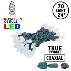 Coaxial *NEW* True Twinkle Pure White 70 LED C6 Strawberry Mini Lights Commercial Grade On Green Wire